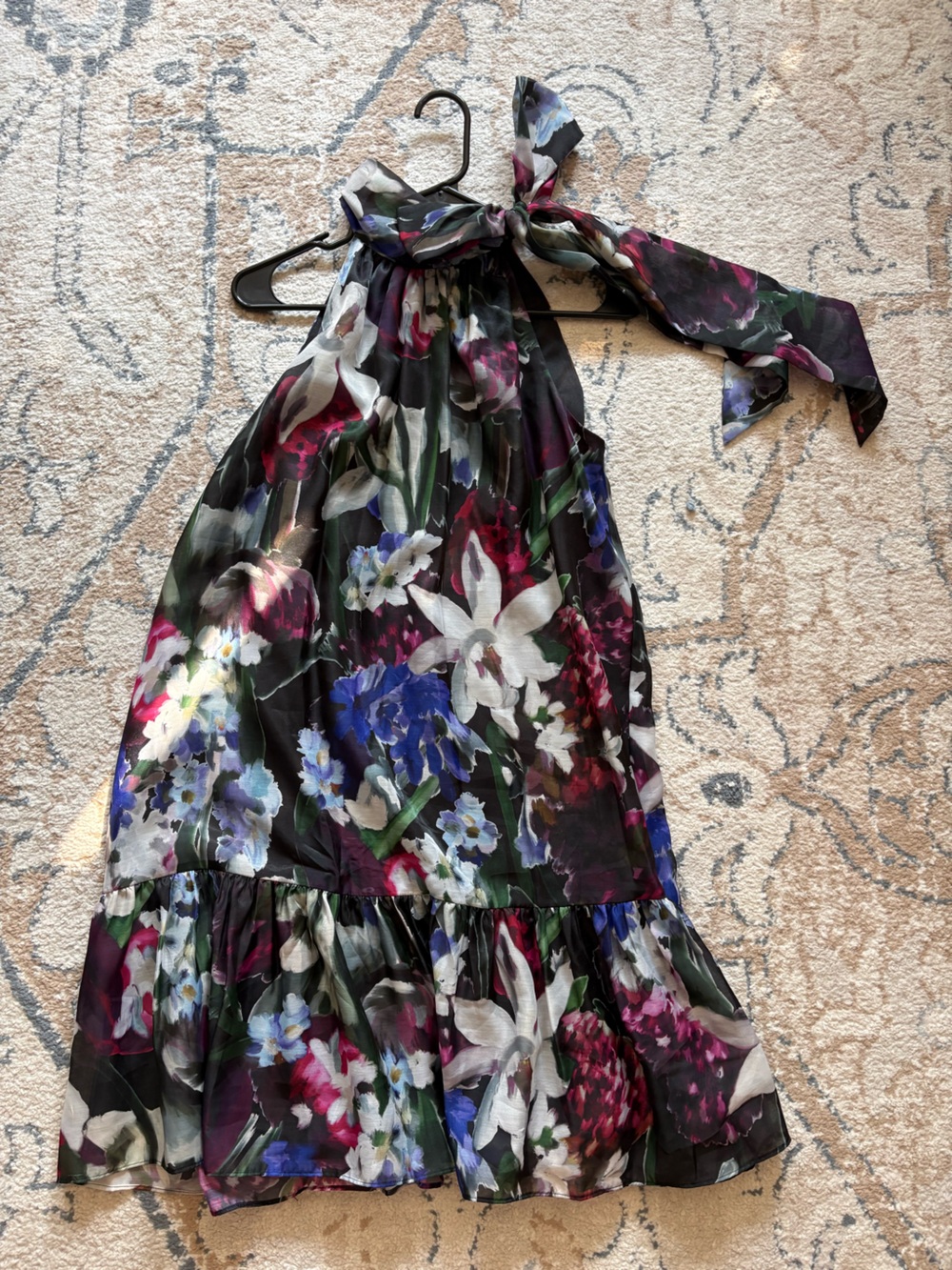 Anne Klein Black Floral Maxi Dress with Blue, White & Pink Blooms